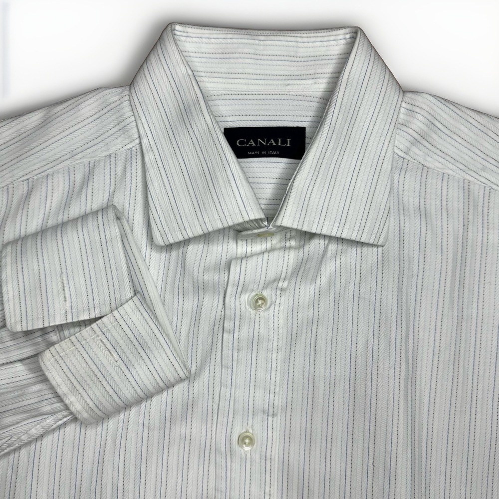 Canali Dress Shirt Mens 16.5/42 White Stripe Twill French Cuff Cotton Made Italy
